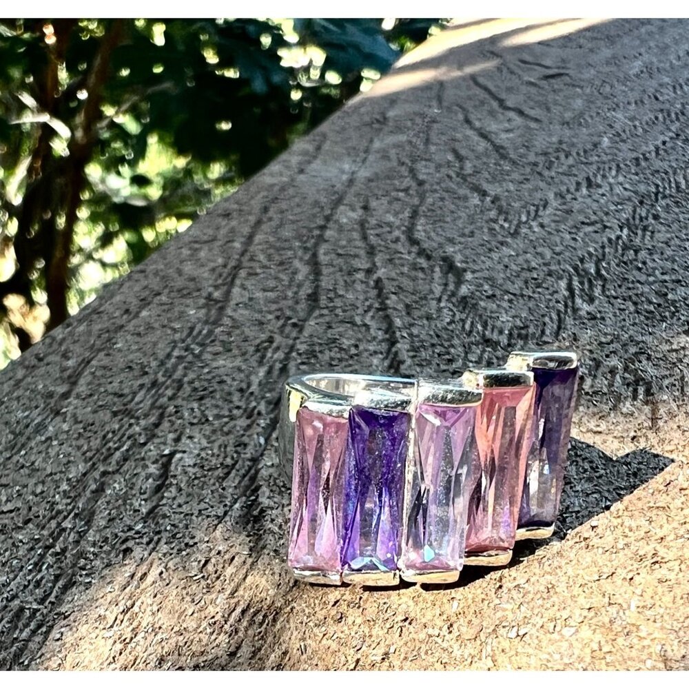 Stunning Sterling Silver 925 Ring With Pink & Purple Gradient Baguette Stones .5 - Picture 9 of 11